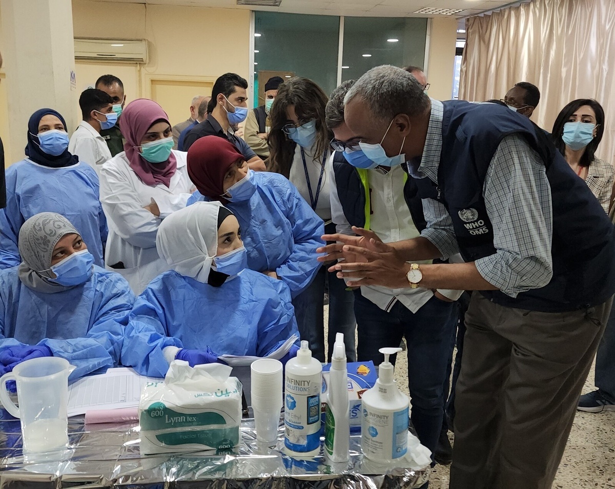 The 1st cholera vaccine targeting healthcare workers was given today at the Halba Abdallah Rassi Government Hospital in the presence of acting WHO Representative in Lebanon Dr Abdinasir Abubakar (right), and Minister of Public Health Dr Firass Abiad, and partners. - Title of WHO staff and officials reflects their respective position at the time the photo was taken.