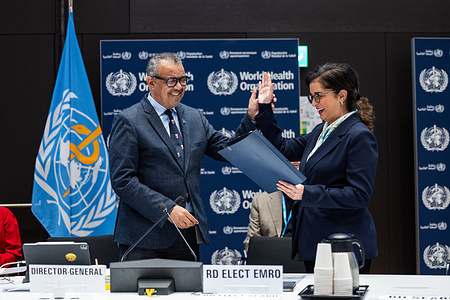 Dr Hanan Hassan Balkhy takes the oath of office as she is appointed as the new WHO Regional Director for the Eastern Mediterranean (as of 1 February 2024) during the 154th session of the WHO Executive Board at WHO Headquarters in Geneva, Switzerland. Related:  https://www.who.int/about/accountability/governance/executive-board/executive-board-154th-session
