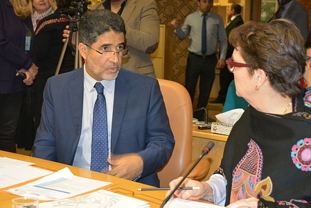 On the Occasion of the International Women's day 2019 and as part of its effort to address violence against women and girls, the WHO Regional Office for the Eastern Mediterranean launched an Arabic version of the WHO package on health system response to violence against women and girls. Dr Ahmed Al-Mandhari (left), WHO Regional Director for the Eastern Mediterranean. - Title of WHO staff and officials reflects their respective position at the time the photo was taken. Read more: http://www.emro.who.int/media/news/who-to-release-arabic-version-of-package-on-health-system-response-to-violence-against-women-and-girls.html