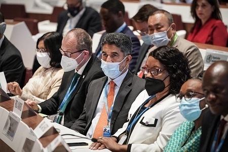 Dr Ahmed Al-Mandhari (center) WHO Regional Director for the Eastern Mediterranean at the opening of the 75th World Health Assembly in Geneva, on 22 May 2022. Read more: https://www.who.int/director-general/speeches/detail/who-director-general-s-opening-address-at-the-75th-world-health-assembly---22-may-2022 - Title of WHO staff and officials reflects their respective position at the time the photo was taken.