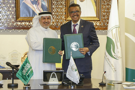 Dr Tedros Adhanom Ghebreyesus, WHO Director-General, paid his first visit to Saudi Arabia Sunday on 29 April to meet with the Custodian of the 2 Holy Mosques, King Salman Ben Abdel Aziz. He was accompanied by Dr Jaouad Mahjour, acting WHO Regional Director for the Eastern Mediterranean, Dr Lubna Abdulrahman M. Alansari, Assistant Director General for Metrics and Measurement, and Dr Ibrahim el Ziq, WHO Representative to Saudi Arabia. During his visit, Dr Tedros met with HE Mr Adel bin Ahmed Al-Jubeir Minister of Foreign Affairs, Dr Tawfig Al-Rabiah, Minister of Health and HE Dr Abdullah bin Abdulaziz Al Rabeeah, Supervisor General of the King Salman Humanitarian Aid and Relief Centre (left). Read more: http://www.emro.who.int/media/news/who-director-general-visits-saudi-arabia.html - Title of WHO staff and officials reflects their respective position at the time the photo was taken.