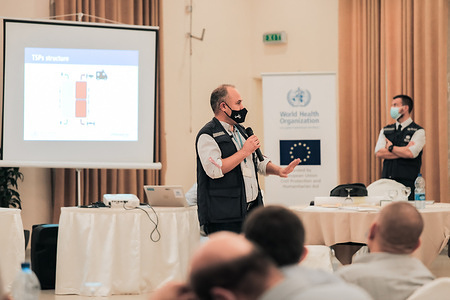 World Health Organization Occupied Palestinian Territory teams providing training on Emergency Response to Emergency Medical Teams at the Palestinian Ministry of Health. The training was funded by European Union Civil protection and Humanitarian Aid.