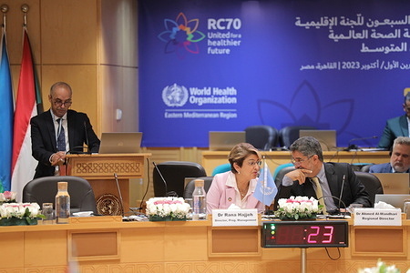 The 70th session of the Regional Committee for the Eastern Mediterranean took place at the WHO Regional Office in Cairo from Monday 9 to Thursday 12 October 2023. Dr Tedros Adhanom Ghebreyesus, WHO Director-General, and Dr Ahmed Al-Mandhari, WHO Regional Director for the Eastern Mediterranean, addressed delegates after the opening proceedings. Numerous ministers of health and other representatives of the Members of the Regional Committee were among the many dignitaries to attend the opening ceremony. High-level officials from countries and territories of the Region also attend the Regional Committee, as do representatives of international, regional and national organizations. In line with the theme of RC70, we must all remain “United for a healthier future” to achieve the regional vision of Health for All by All. This year’s session of the Regional Committee coincides with the year-long celebration of WHO’s 75th anniversary.