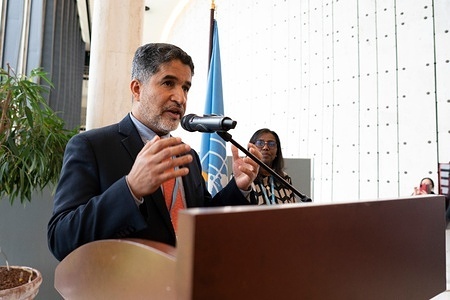 Dr Ahmed Al-Mandhari WHO Regional Director for the Eastern Mediterranean speaking during the WHA75 President's Reception on 24 May 2022, during the World Health Assembly in Geneva, Switzerland. - Title of WHO staff and officials reflects their respective position at the time the photo was taken.