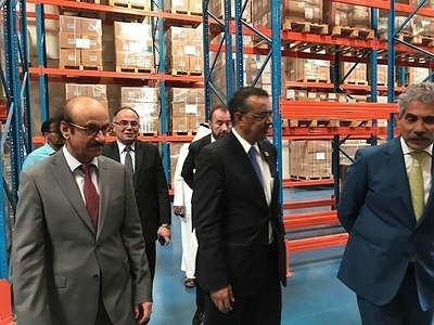 During the mission to the United Arab Emirates, WHO's Regional Director, Dr Mahmoud Fikri (left) and WHO's Director-General, Dr Tedros Adhanom Ghebreyesus (center) visited the WHO logistics hub in Dubai International Humanitarian City. The Hub was established to respond to the needs of countries affected by emergencies. - Title of WHO staff and officials reflects their respective position at the time the photo was taken.