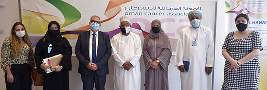 To extend partnerships in Oman, WHO Representative Dr Jean Jabbour (3rd from left) visited Oman's Cancer Association (OCA) to meet HE Dr Walid Al Kharusi, President and Chairperson of Oman's Cancer Association, and the General Director to discuss ways to increase cooperation between the two organizations to promote cancer awareness and cancer patient advocacy. Oman's Cancer Association is a leading nongovernmental organization that supports cancer patients and their families through different initiatives and activities. During the visit, the the Association's team briefed the WHO country office team on its history. The WHO expressed its support to further collaborate in activities such as educational webinars, public awareness-raising initiatives, support to patients and building capacities on palliative care. - Title of WHO staff and officials reflects their respective position at the time the photo was taken.
