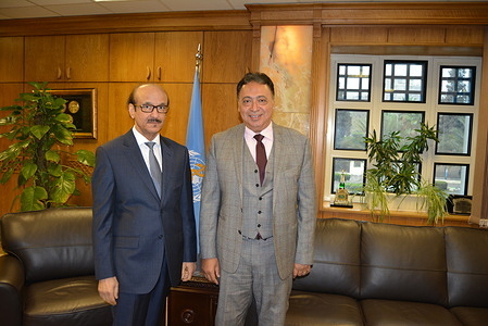 Dr Mahmoud Fikri (left), WHO Regional Director for the Eastern Mediterranean meets with H.E. Dr Ahmed Emad Eldin Rady, Minister of Health and Population of Egypt. - Title of WHO staff and officials reflects their respective position at the time the photo was taken. Dr Mahmoud M. Fikri passed away in office on 17 October 2017.
