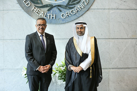Dr Tedros Adhanom Ghebreyesus, WHO Director-General and H.E. Mr Fahad bin Abdulrahman Al-Jalajel, Minister of Health Saudi Arabia at WHO regional office for the Eastern Mediterranean during the 69th Regional Committee for the Eastern Mediterranean. The 69th session of the WHO Regional Committee for the Eastern Mediterranean held from 10 to 13 October 2022 at the WHO regional premises in Cairo, under the theme “Together for a healthier and sustainable tomorrow”. As the decision-making body for the WHO Eastern Mediterranean Region, the Regional Committee provides a unique opportunity to reinforce WHO’s role as the trusted global health authority and to share evidence-based health information on the Region. The Regional Committee brings together high-level health policy-makers, partners, donors and other stakeholders to discuss and review public health issues of common interest to the Member States of the Region, towards the regional vision of "Health For All By All". - Title of WHO staff and officials reflects their respective position at the time the photo was taken.