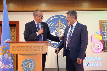 Reception hosted by WHO Regional Director. The 70th session of the Regional Committee for the Eastern Mediterranean took place at the WHO Regional Office in Cairo from Monday 9 to Thursday 12 October 2023. Dr Tedros Adhanom Ghebreyesus, WHO Director-General, and Dr Ahmed Al-Mandhari, WHO Regional Director for the Eastern Mediterranean, addressed delegates after the opening proceedings. Numerous ministers of health and other representatives of the Members of the Regional Committee were among the many dignitaries to attend the opening ceremony. High-level officials from countries and territories of the Region also attend the Regional Committee, as do representatives of international, regional and national organizations. In line with the theme of RC70, we must all remain “United for a healthier future” to achieve the regional vision of Health for All by All. This year’s session of the Regional Committee coincides with the year-long celebration of WHO’s 75th anniversary.