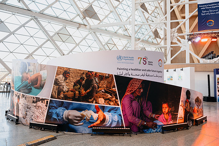 As part of the commemoration of WHO's 75th anniversary, the WHO Regional Office for the Eastern Mediterranean organized a networking event at the Grand Egyptian Museum on January 28, 2024.   The event focused on fostering partnerships and investments with a shared commitment to achieving Health for All by All, and brought together EMRO workforce members and stakeholders from the public and private sectors. Themed Painting a healthier and safer future together, the event featured children's artworks inspired by the WHO75 milestone and a selection of photographs depicting WHO's work in the field. Artworks selected from 2023 competition For over 30 years, the WHO Regional Office has held an annual art competition for school students on World Health Day, to increase understanding of public health. For the 2023 competition, in keeping with WHO's 75th anniversary, students were asked to reflect on public health successes and challenges of the past 75 years. Over 2000 drawings were received from children aged 8–17 across 14 countries in the region. A panel of three independent artists selected 32 drawings for display. These 32 paintings were available for viewing at the event at the Grand Egyptian Museum. Honouring and recognizing lives and contributions The event began with a moment of silence to honour lives lost to health emergencies, natural disasters, conflicts, and other crises in the WHO Eastern Mediterranean Region over the past year. It also showcased WHO's efforts to promote primary health care and advance universal health coverage, particularly in the context of health emergencies in the region. During the event, Egypt received a special WHO75 award of gratitude for its hospitality to the WHO Regional Office since 1949. Additionally, all WHO Regional Directors for the Eastern Mediterranean from 1949 to date were recognized for their service to public health. The event concluded with a performance by maestro Omar Khairat, adding a musical touch to the evening of art and health.  