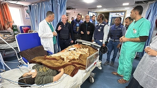 Humanitarian Coordinator for Palestine, together with Gaza Team Lead, and UN partners visited Kamal Adwan hospital, the only pediatric hospital in north Gaza. Malnutrition continues to increase in Gaza as famine looms.  WHO has established a nutrition stabilization centre in the hospital, which is a lifeline for children suffering from severe acute malnutrition with medical complications. Six severely malnourished children are currently being treated at the hospital. WHO has equipped the centre with therapeutic feeding products and medicines.  